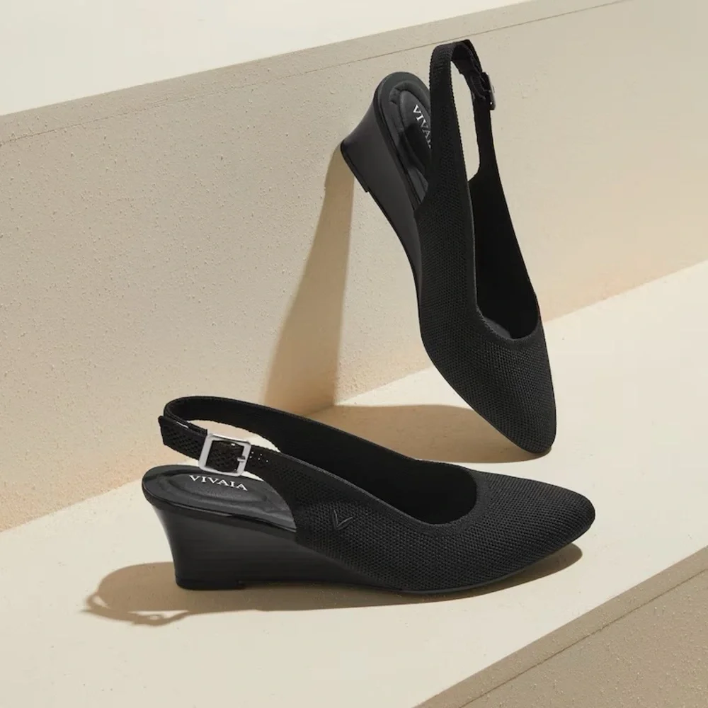 New Vivaia Tamia Almond-Toe Slingback Wedge Pro Heel in Black Size 9-9.5